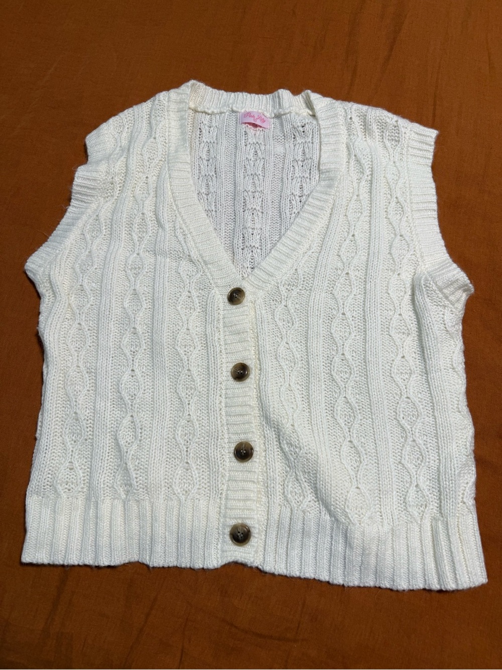 Pink Lily Cream Cable Knit V-Neck Button Sweater Vest